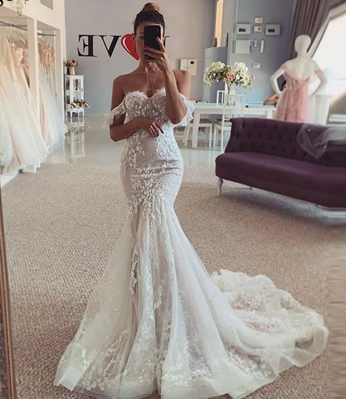 Boho Wedding Dress Stunning Off the Shoulder Lace Mermaid Fit